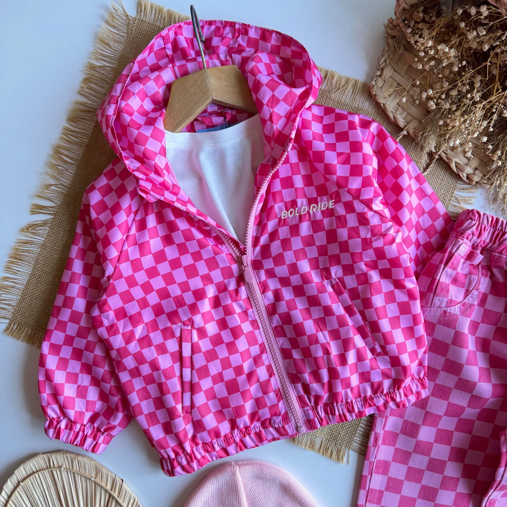 Damalı Pembe Yağmurluk 6-7 YAŞ