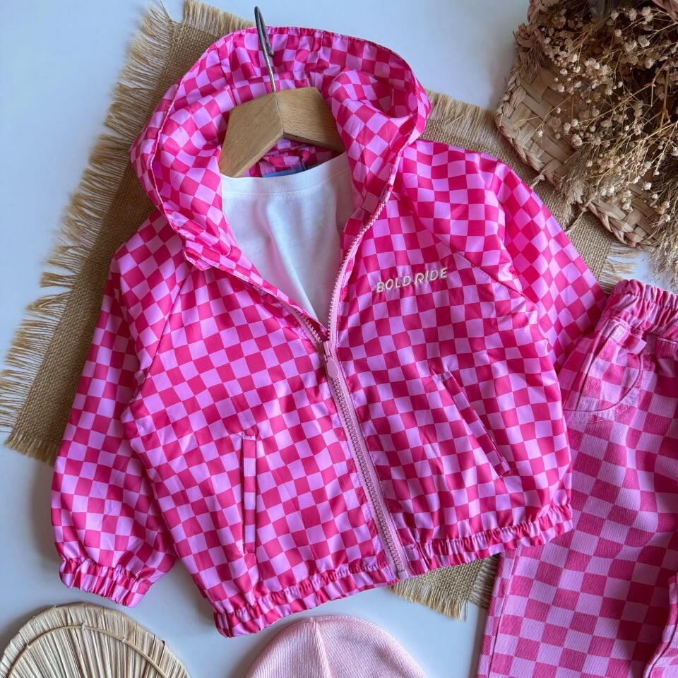 Damalı Pembe Yağmurluk 6-7 YAŞ