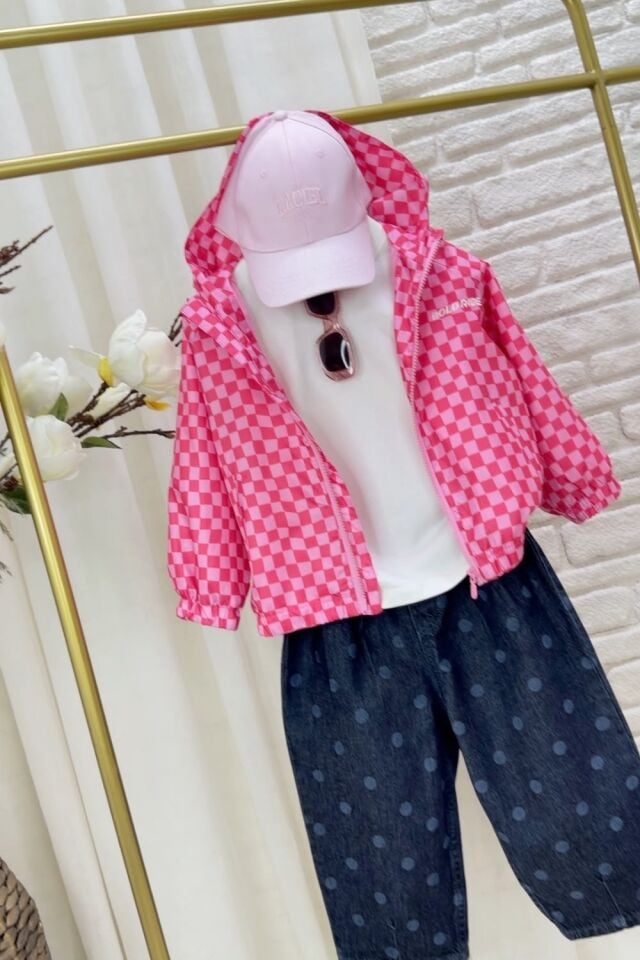 Damalı Pembe Yağmurluk 6-7 YAŞ