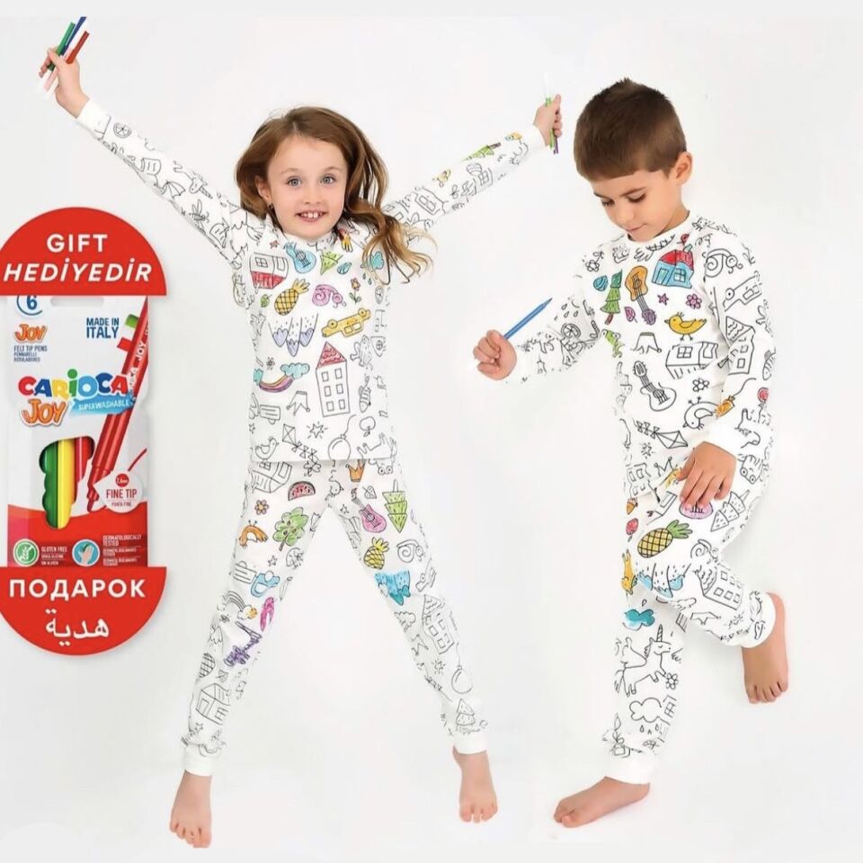 Boyamalı Pijama Takımı •Kalem Hediyeli• 3-4 YAŞ