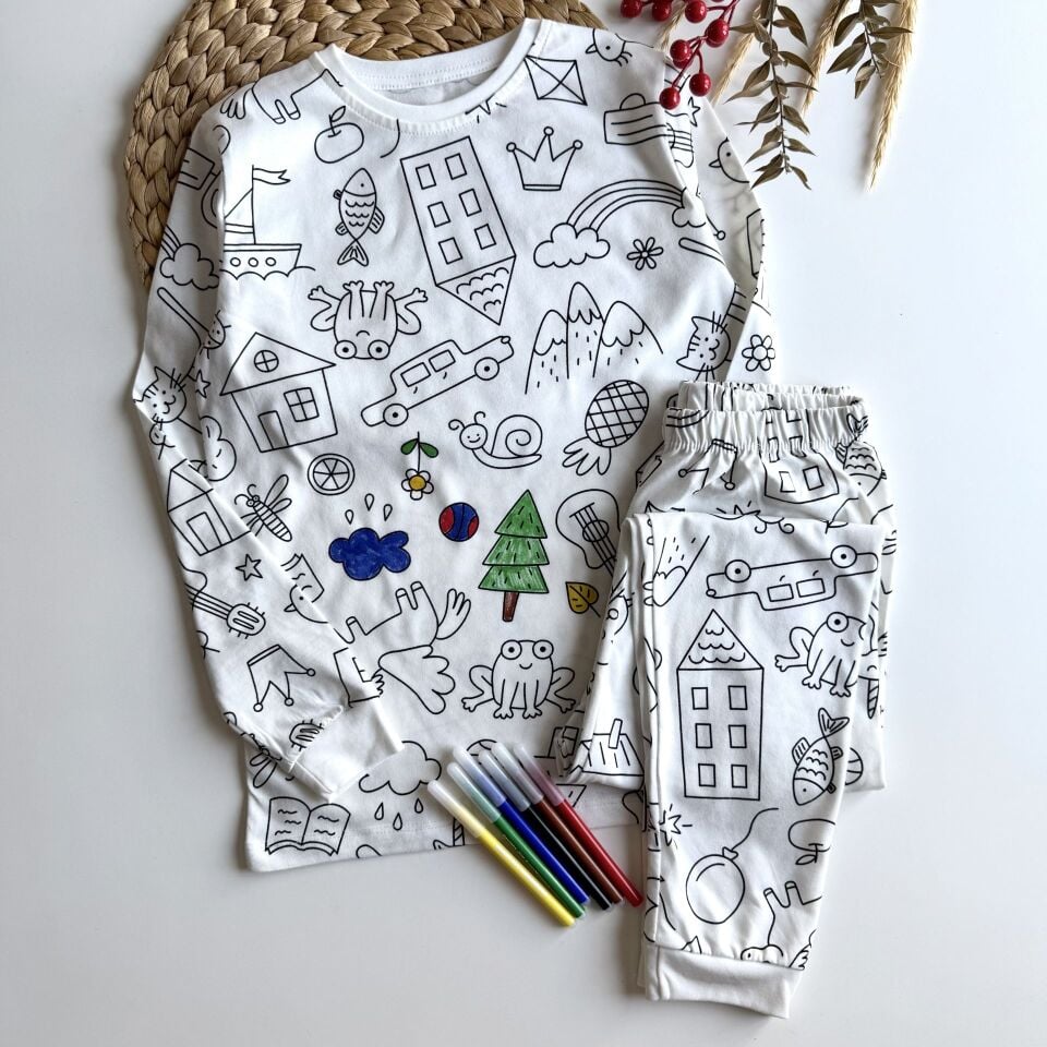 Boyamalı Pijama Takımı •Kalem Hediyeli• 3-4 YAŞ