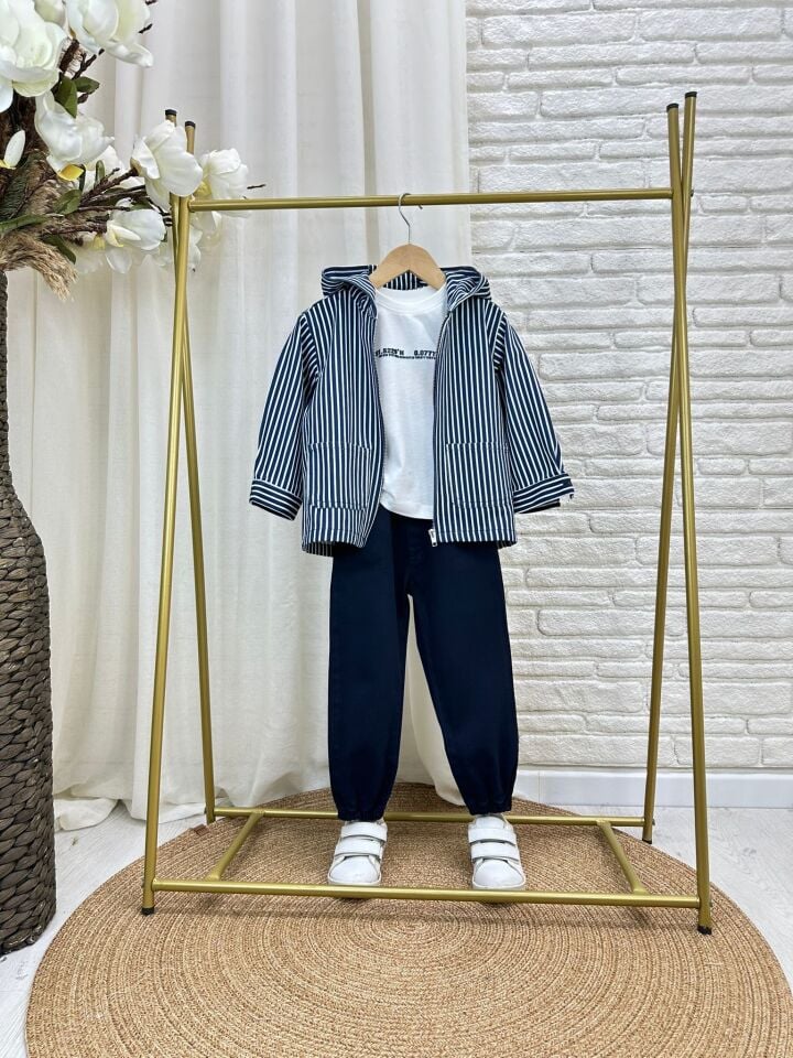 3'lü Çizgili Lacıvert Denim Takım 4-5 YAŞ