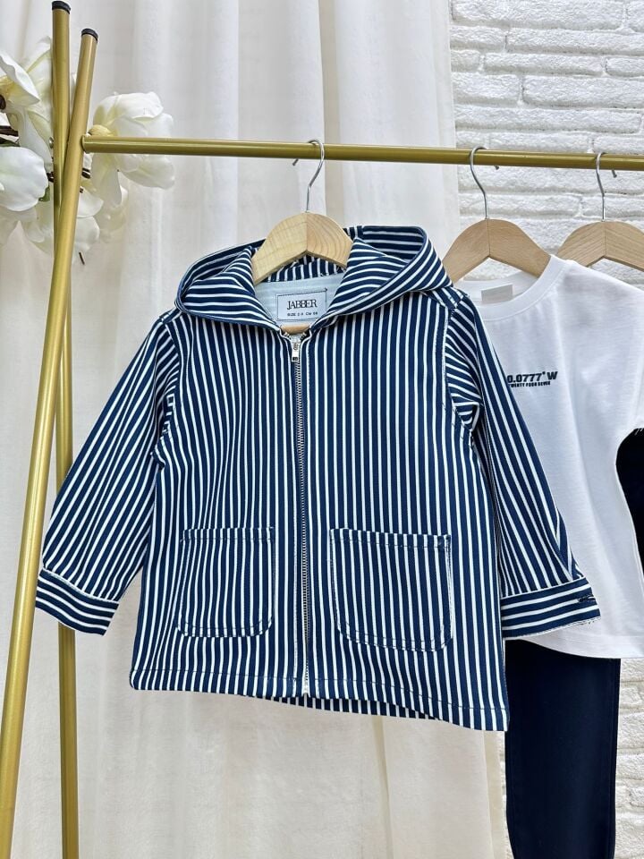 3'lü Çizgili Lacıvert Denim Takım 2-3 YAŞ