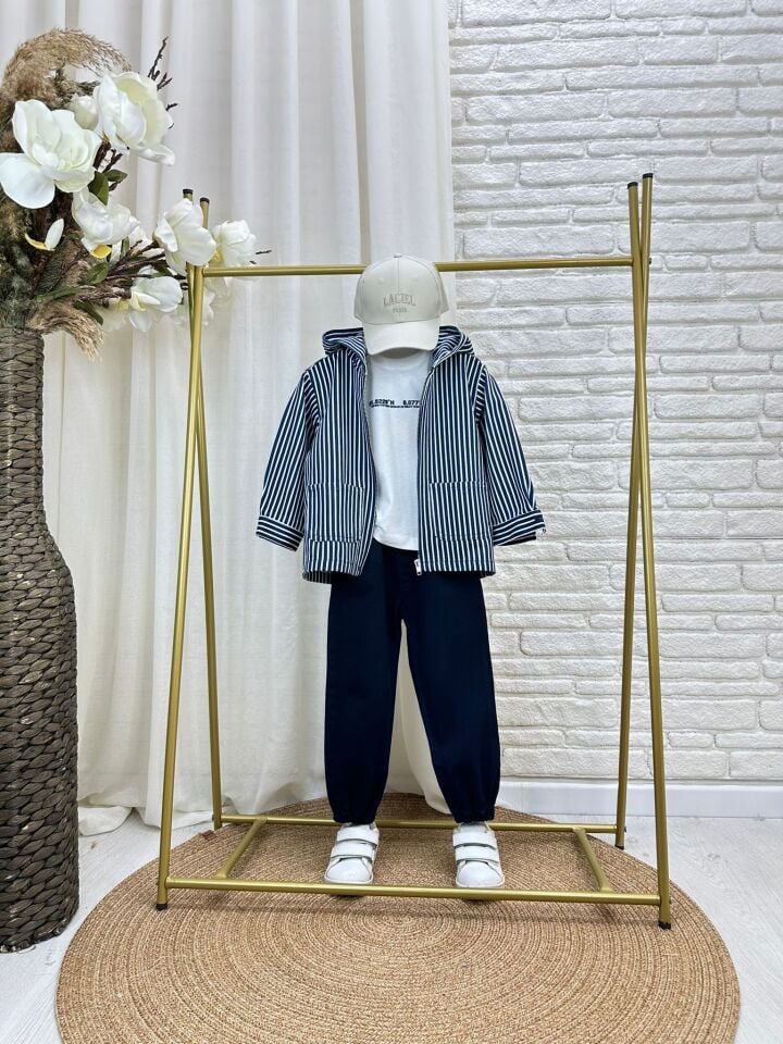 3'lü Çizgili Lacıvert Denim Takım