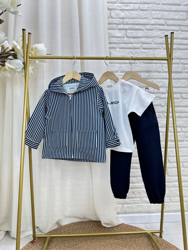 3'lü Çizgili Lacıvert Denim Takım 4-5 YAŞ