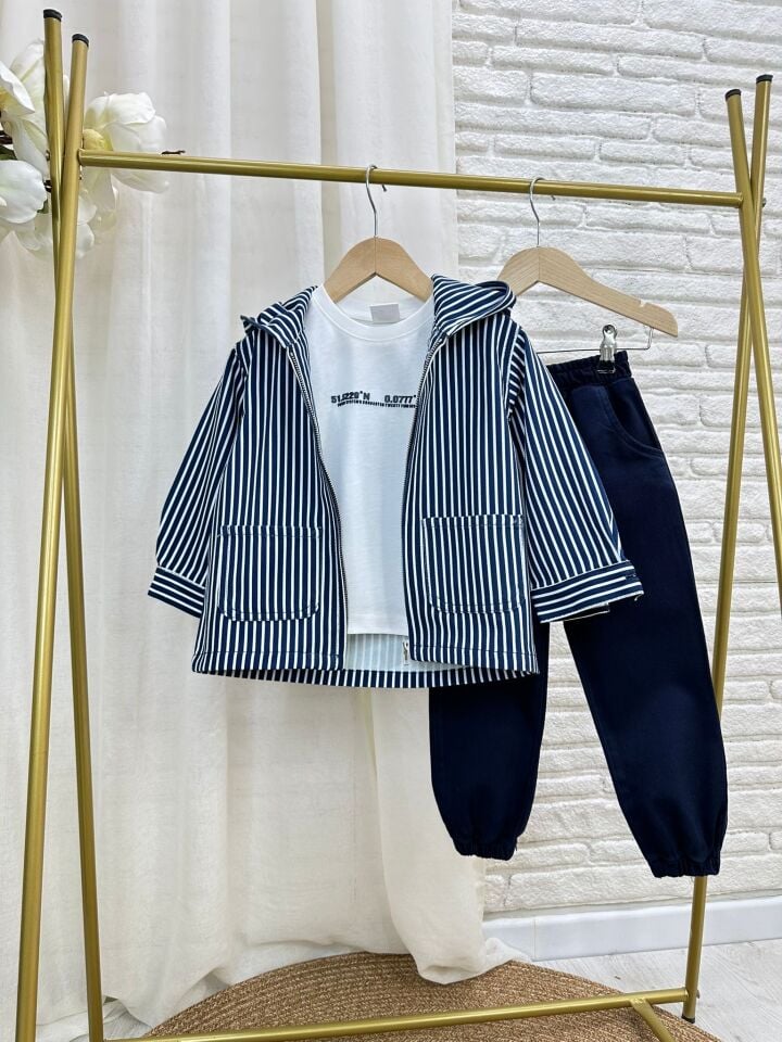 3'lü Çizgili Lacıvert Denim Takım 4-5 YAŞ
