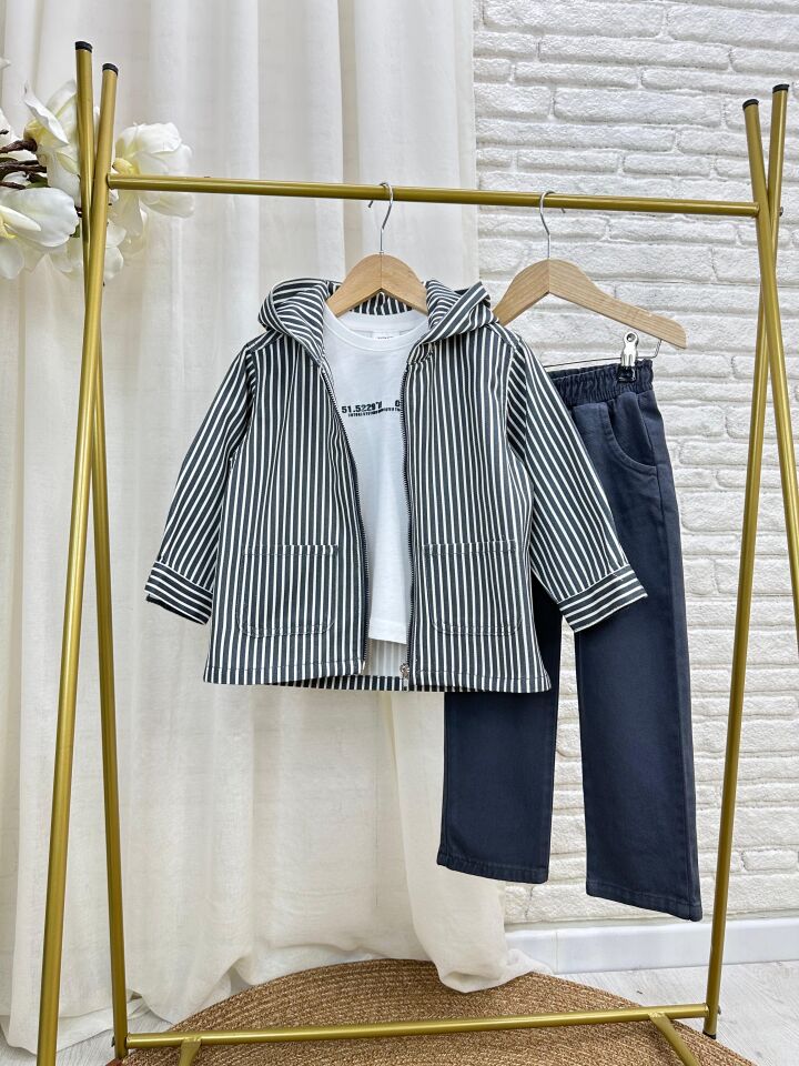 3'lü Çizgili Antrasit Denim Takım 2-3 YAŞ