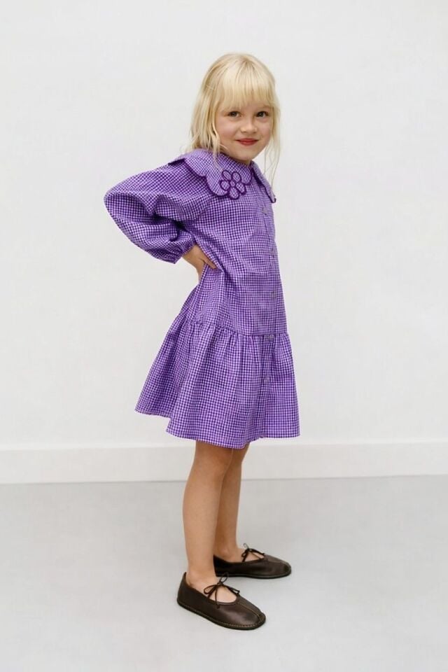 Yakası Çicek İşlemeli Ekose Elbise 3-4 YAŞ