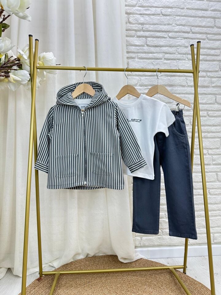 3'lü Çizgili Antrasit Denim Takım 2-3 YAŞ