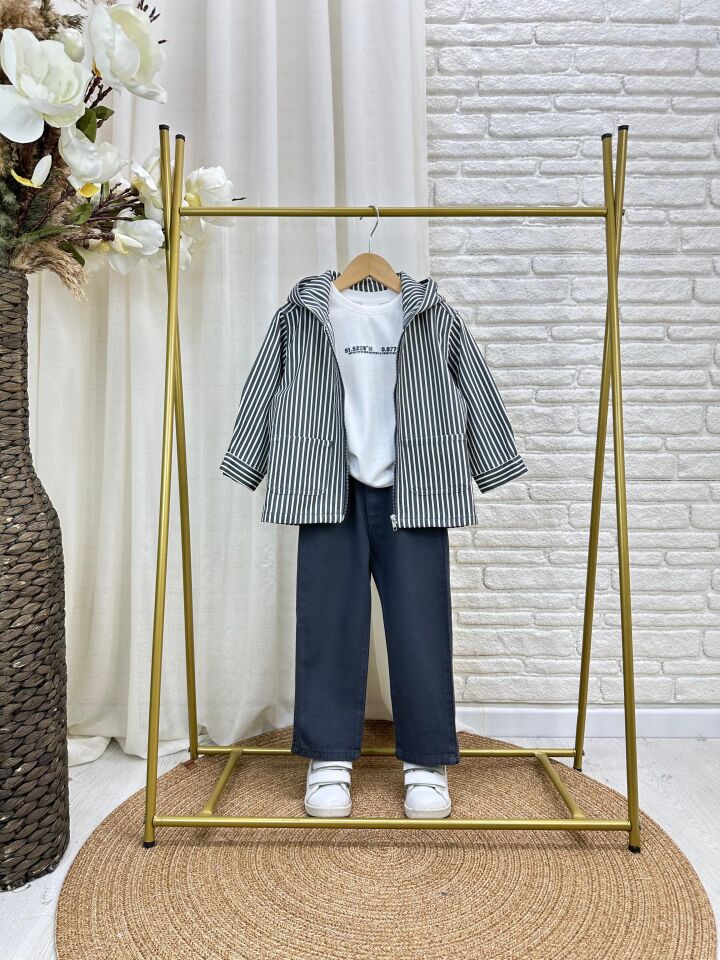 3'lü Çizgili Antrasit Denim Takım 2-3 YAŞ