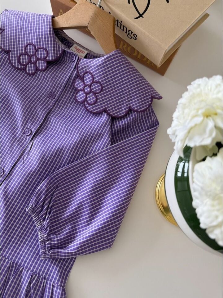 Yakası Çicek İşlemeli Ekose Elbise 9-10 YAŞ