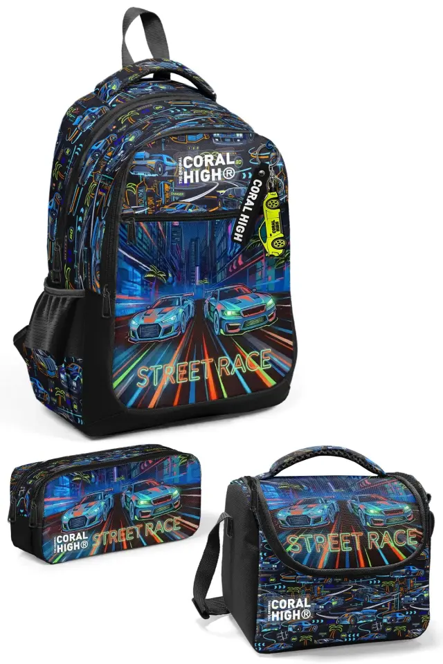 Coral High Kids Renkli Yarış Arabası Desenli 3’lü Okul Çanta Seti SET0133259 Adet