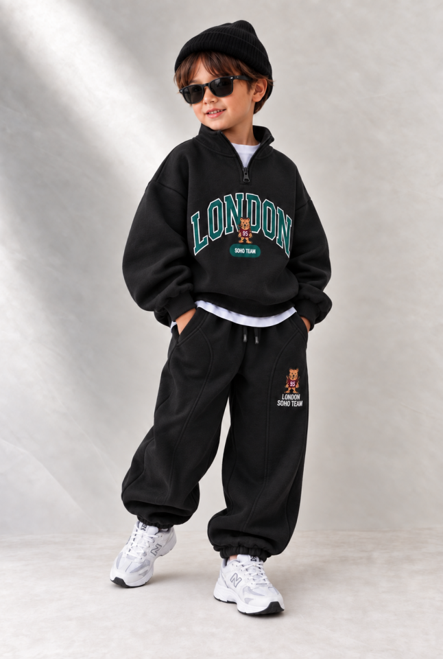 London Baskılı Basic Siyah Takım 9-10 YAŞ