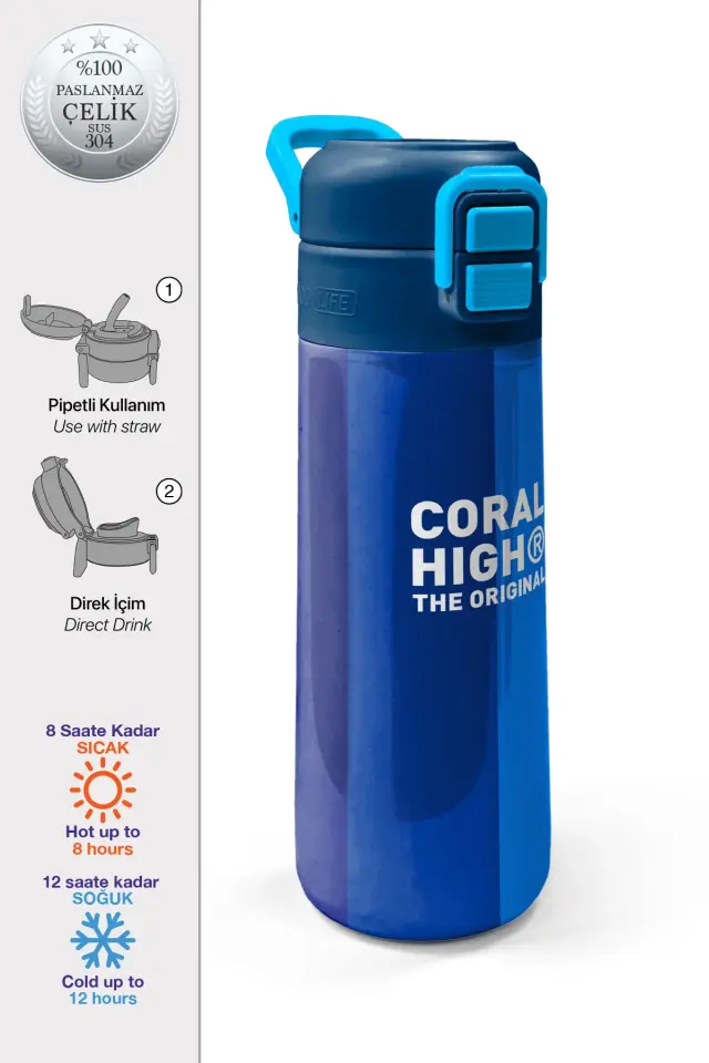 Coral High Kids Renkli Çizgili Desenli Pipetli ve Direkt İçim Çelik Termos 500 ml 31895 Adet