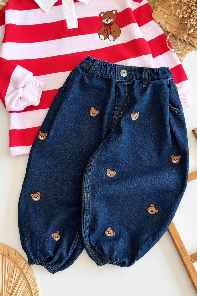 Bear İşlemeli Denim Pantolon 6-7 YAŞ