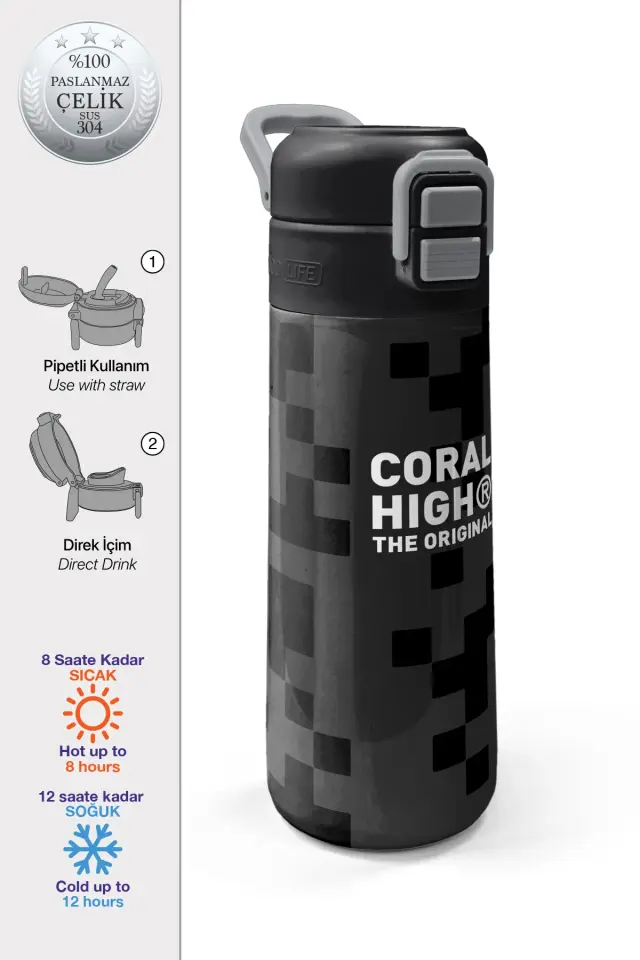 Coral High Kids Siyah Blok Desenli Pipetli ve Direkt İçim Çelik Termos 500 ml 31894 Adet
