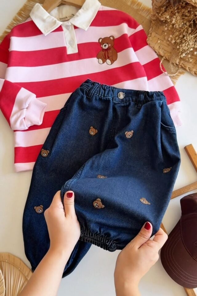 Bear İşlemeli Denim Pantolon 6-7 YAŞ