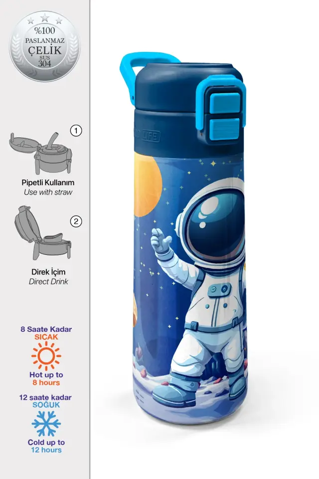 Coral High Kids Lacivert Astronot Desenli Pipetli ve Direkt İçim Çelik Termos 500 ml 38134 Adet