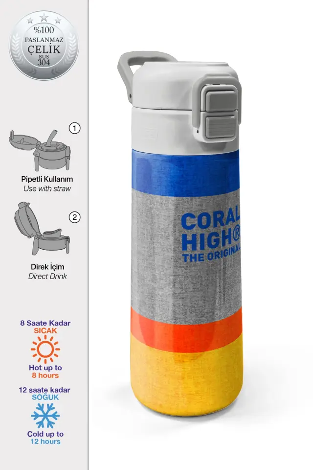 Coral High Kids Gri Turuncu Çizgi Desenli Pipetli ve Direkt İçim Çelik Termos 500 ml 38121 Adet
