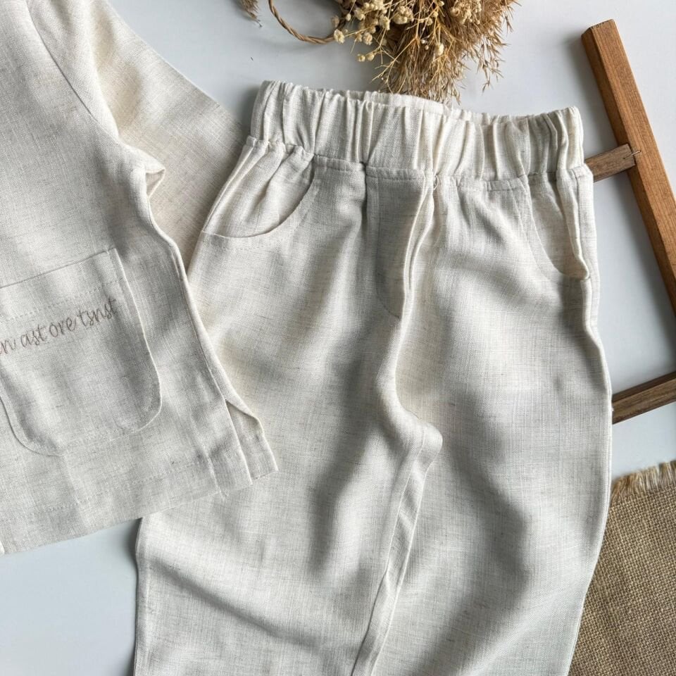 3'lü Keten Ceketli Takım Krem 6-7 YAŞ