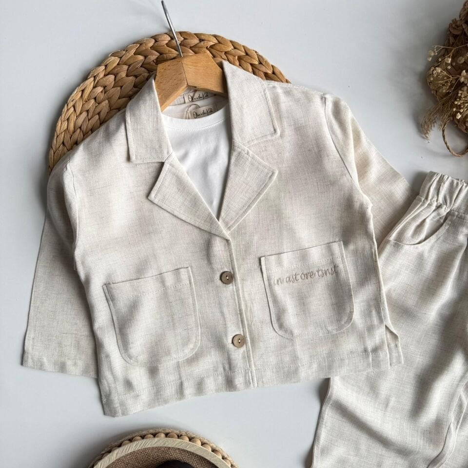 3'lü Keten Ceketli Takım Krem 6-7 YAŞ