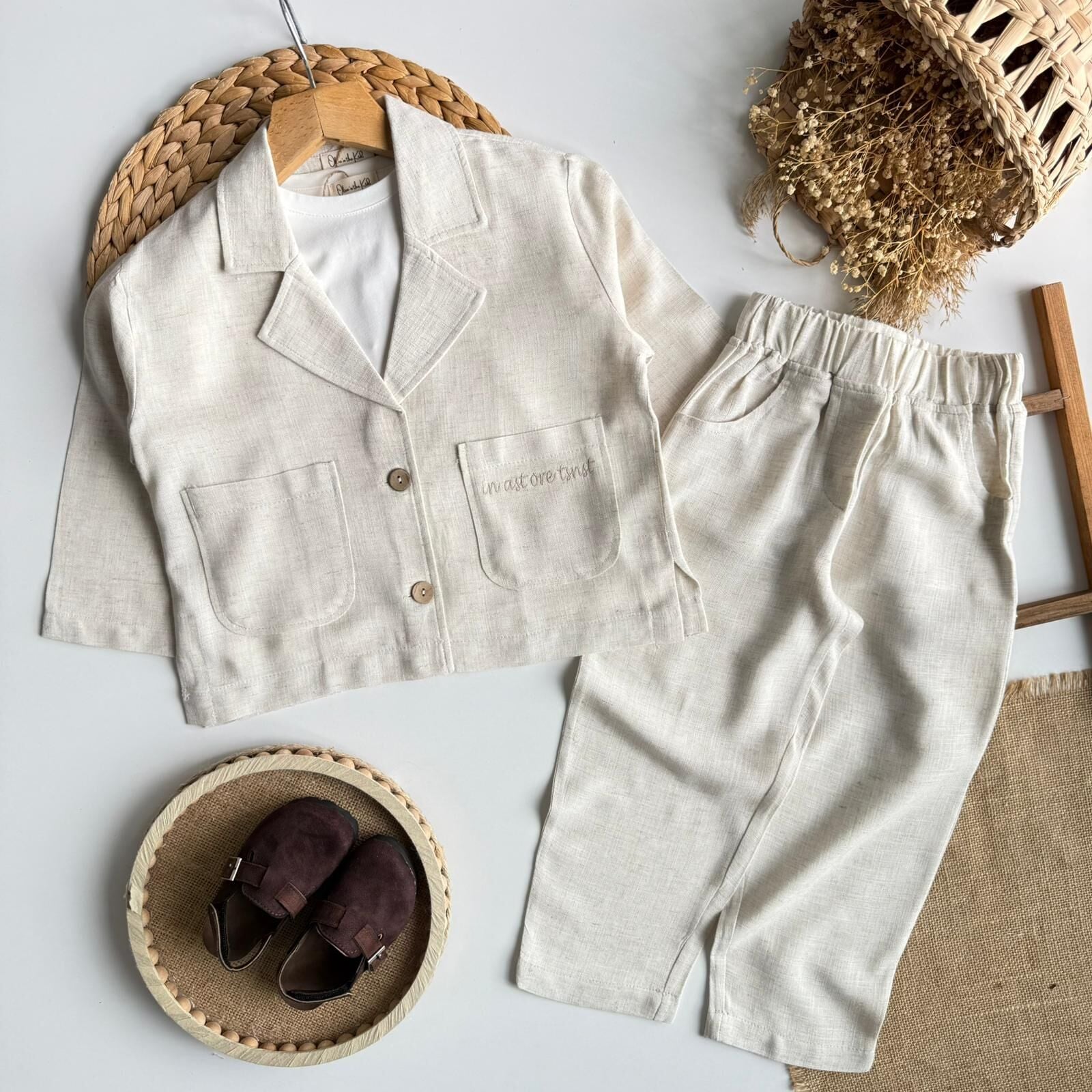3'lü Keten Ceketli Takım Krem 6-7 YAŞ