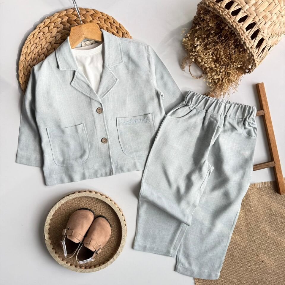 3'lü Keten Ceketli Takım Mavi 6-7 YAŞ