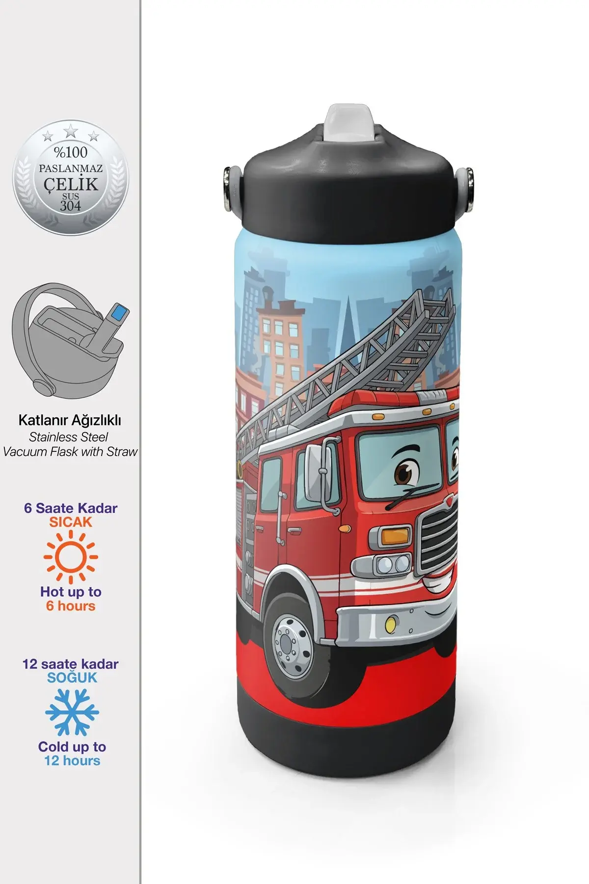 Coral High Kırmızı İtfaiye Desenli Katlanır Ağızlıklı Çelik Termos 650 ml 38345 Adet