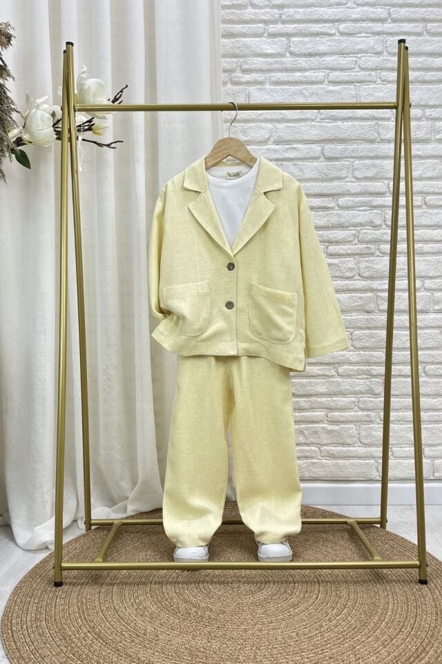 3'lü Keten Ceketli Takım Sarı 6-7 YAŞ