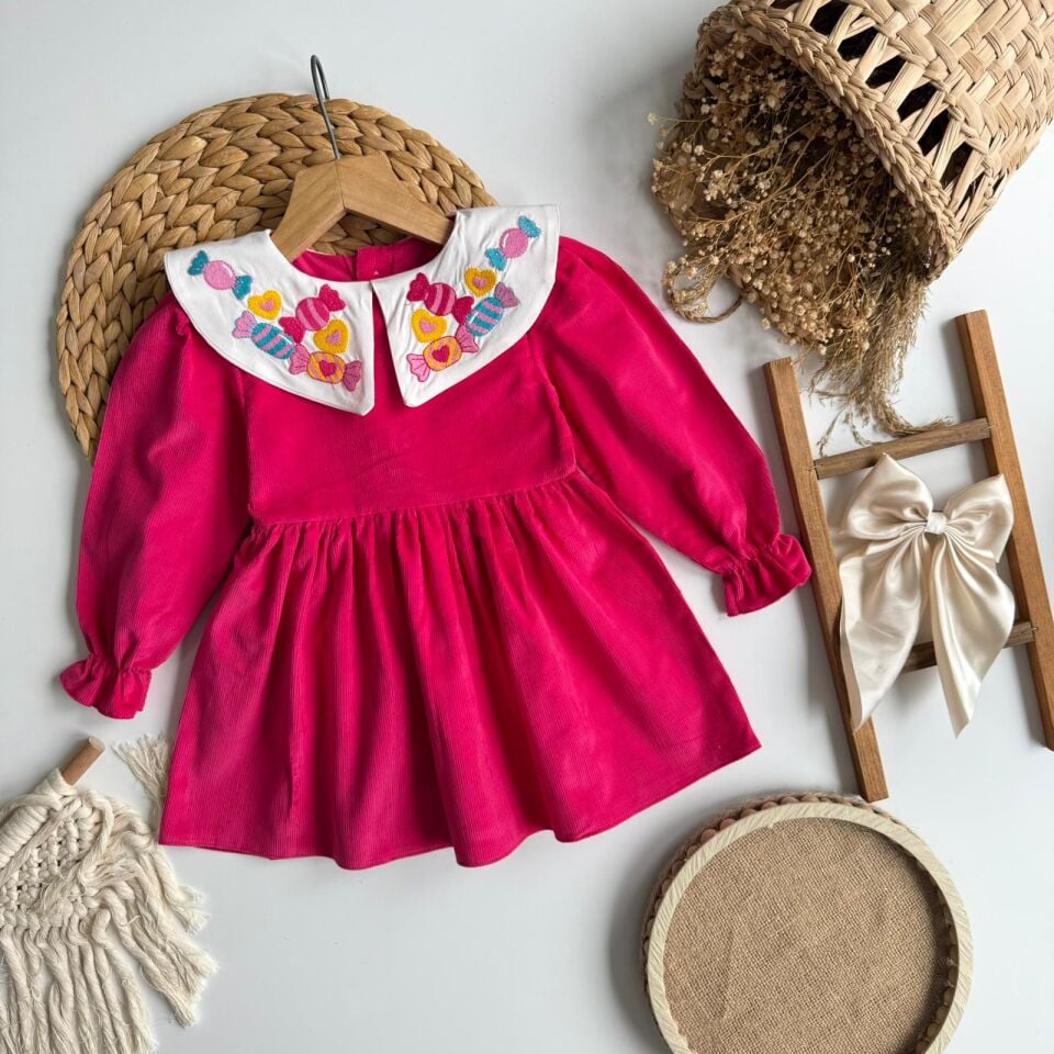 Bebe Yaka Pembe Kadife Elbise 3-4 YAŞ