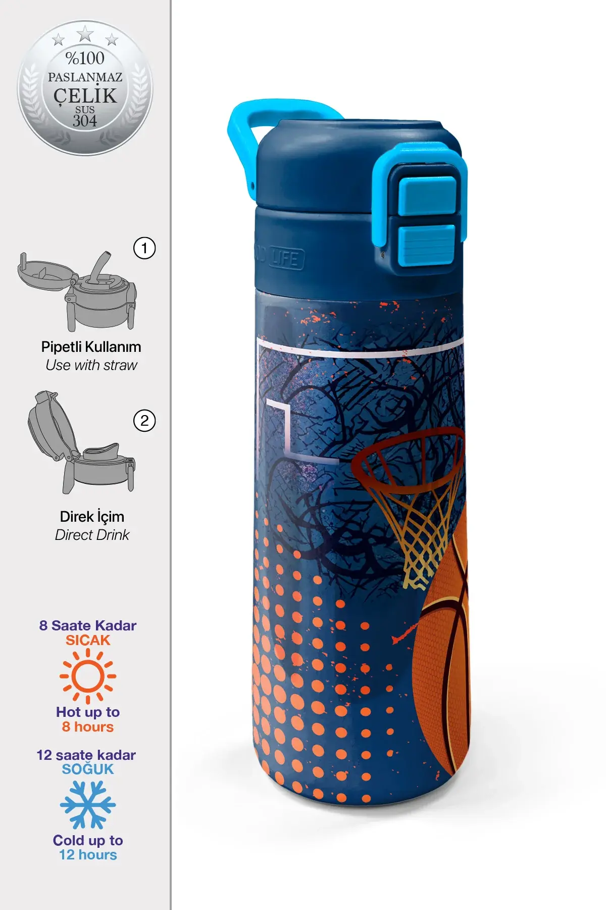 Coral High Kids Turuncu Lacivert Basketbol Desenli Pipetli ve Direkt İçim Çelik Termos 500 ml 31967 Adet