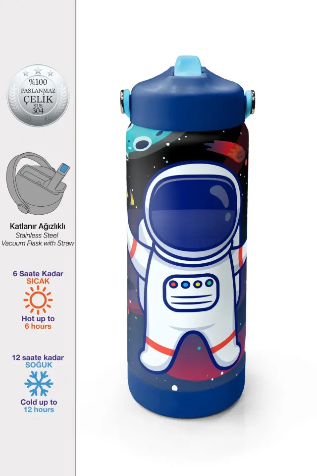 Coral High Saks Lacivert Astronot Desenli Katlanır Ağızlıklı Çelik Termos 650 ml Adet