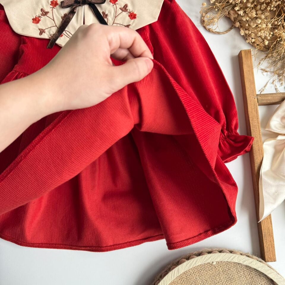 Kiremit Rengi Kadife Elbise 7-8 YAŞ