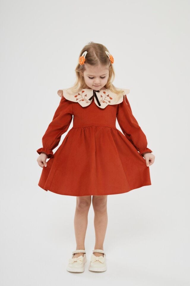 Kiremit Rengi Kadife Elbise 7-8 YAŞ