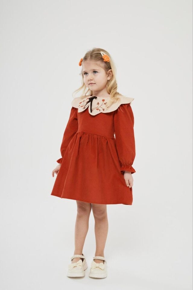 Kiremit Rengi Kadife Elbise 7-8 YAŞ