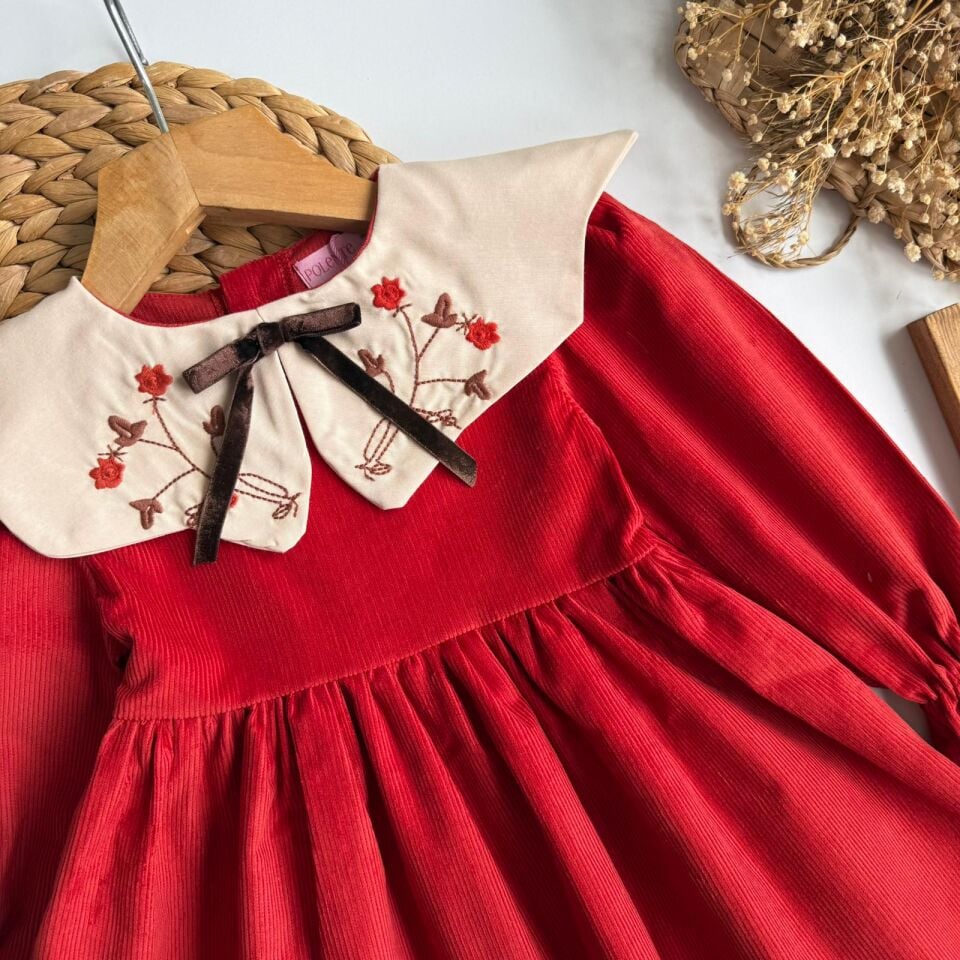 Kiremit Rengi Kadife Elbise 7-8 YAŞ