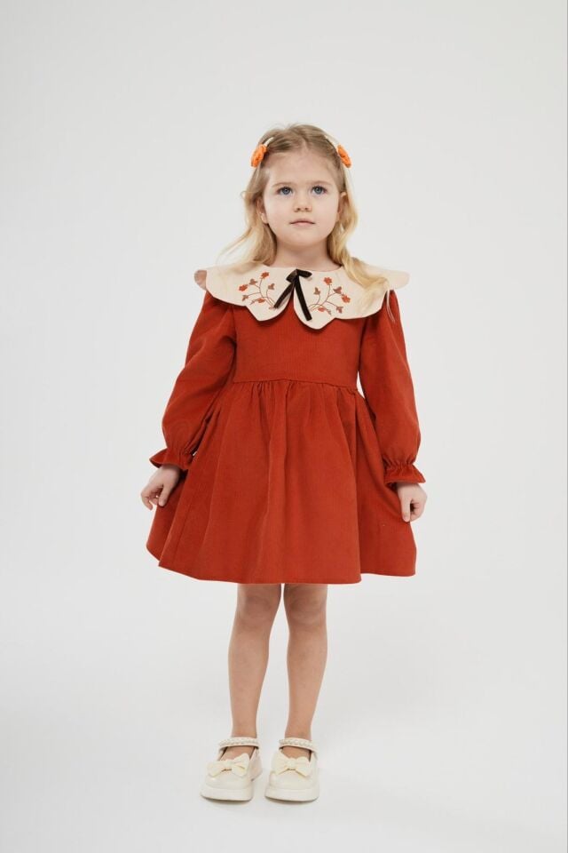 Kiremit Rengi Kadife Elbise 7-8 YAŞ