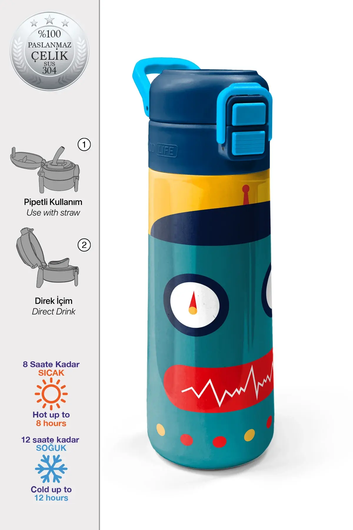 Coral High Kids Lacivert Çivit Robot Desenli Pipetli ve Direkt İçim Çelik Termos 500 ml 31918 Adet