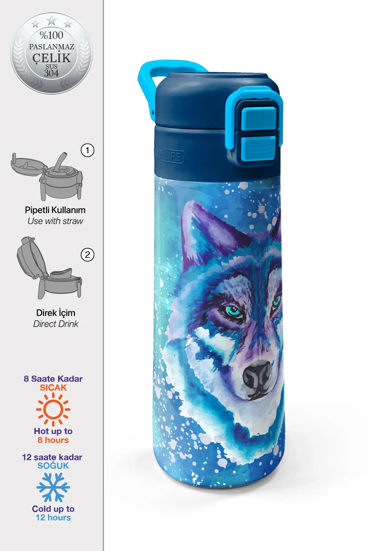 Coral High Kids Lacivert Mavi Kurt Desenli Pipetli ve Direkt İçim Çelik Termos 500 ml 31945 Adet