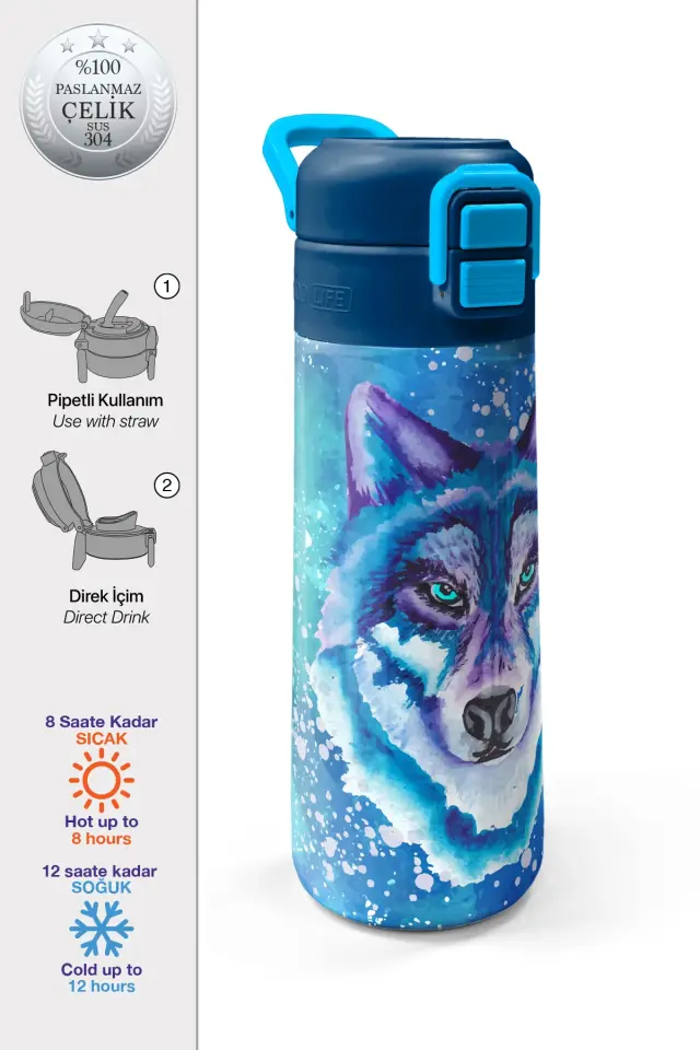 Coral High Kids Lacivert Mavi Kurt Desenli Pipetli ve Direkt İçim Çelik Termos 500 ml 31945 Adet