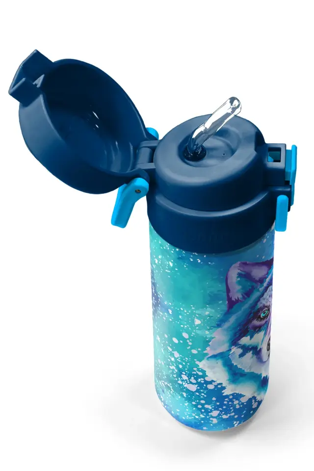 Coral High Kids Lacivert Mavi Kurt Desenli Pipetli ve Direkt İçim Çelik Termos 500 ml 31945 Adet