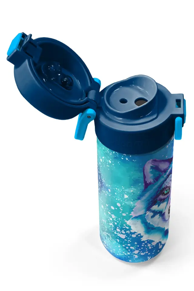 Coral High Kids Lacivert Mavi Kurt Desenli Pipetli ve Direkt İçim Çelik Termos 500 ml 31945 Adet