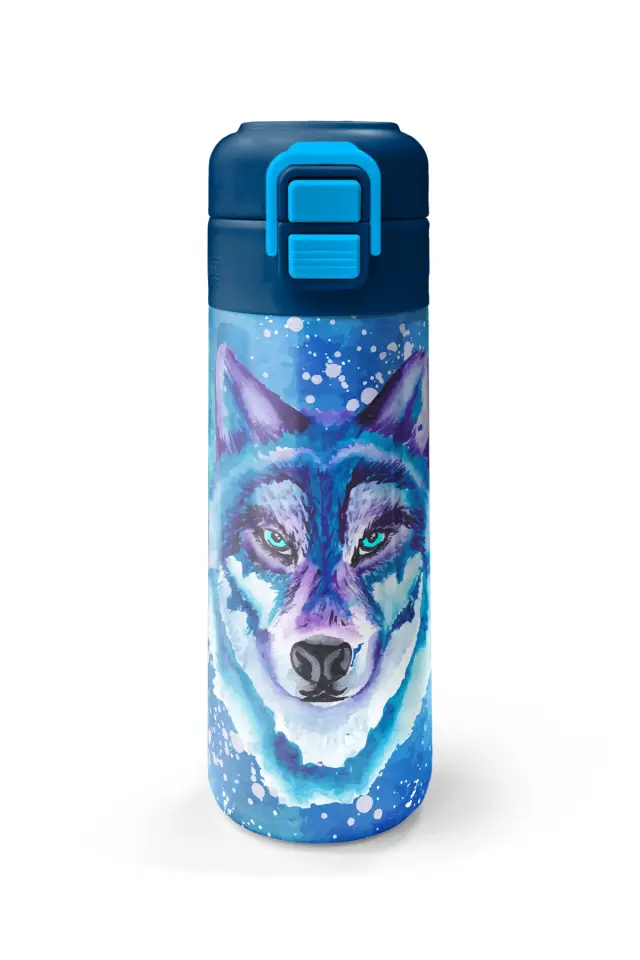 Coral High Kids Lacivert Mavi Kurt Desenli Pipetli ve Direkt İçim Çelik Termos 500 ml 31945 Adet