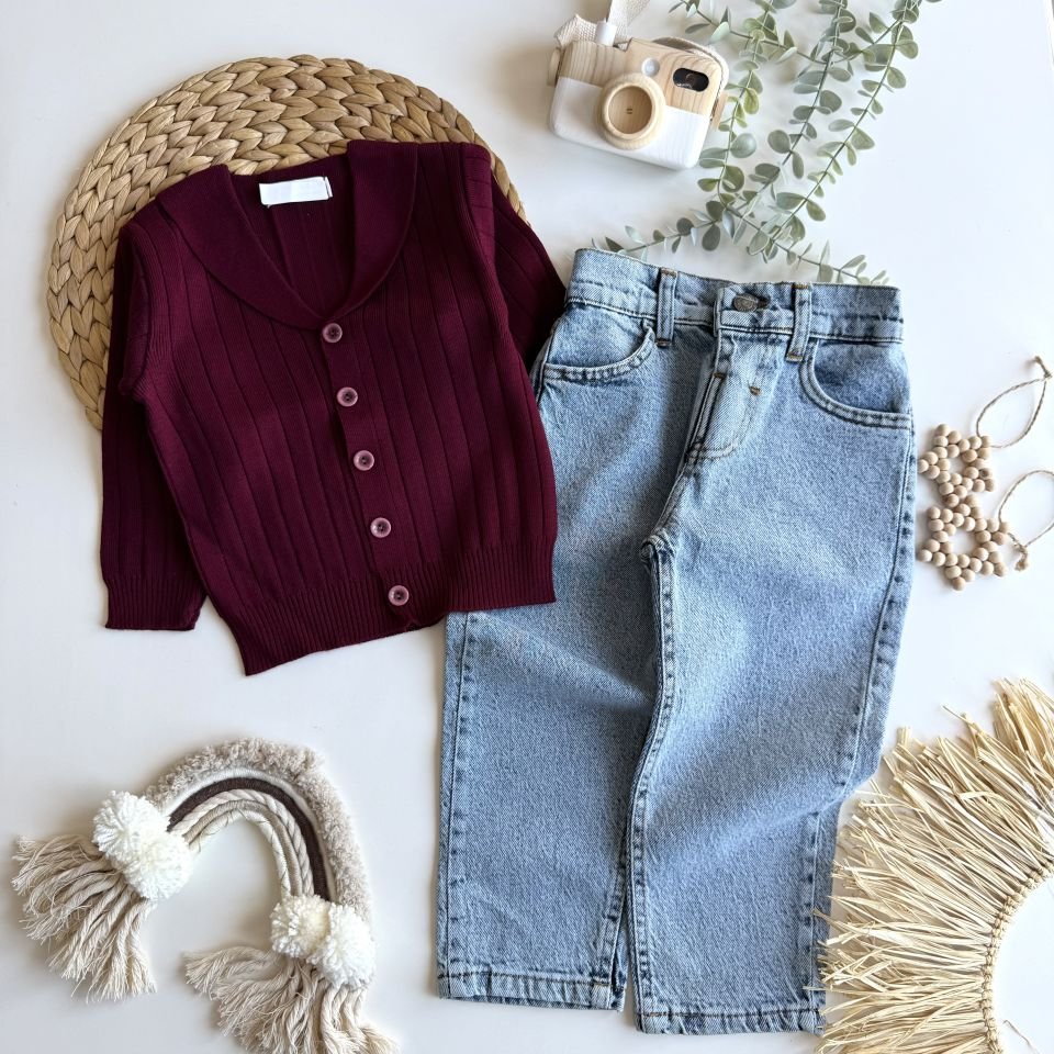 Erkek Bordo Hırka&Jean Takım