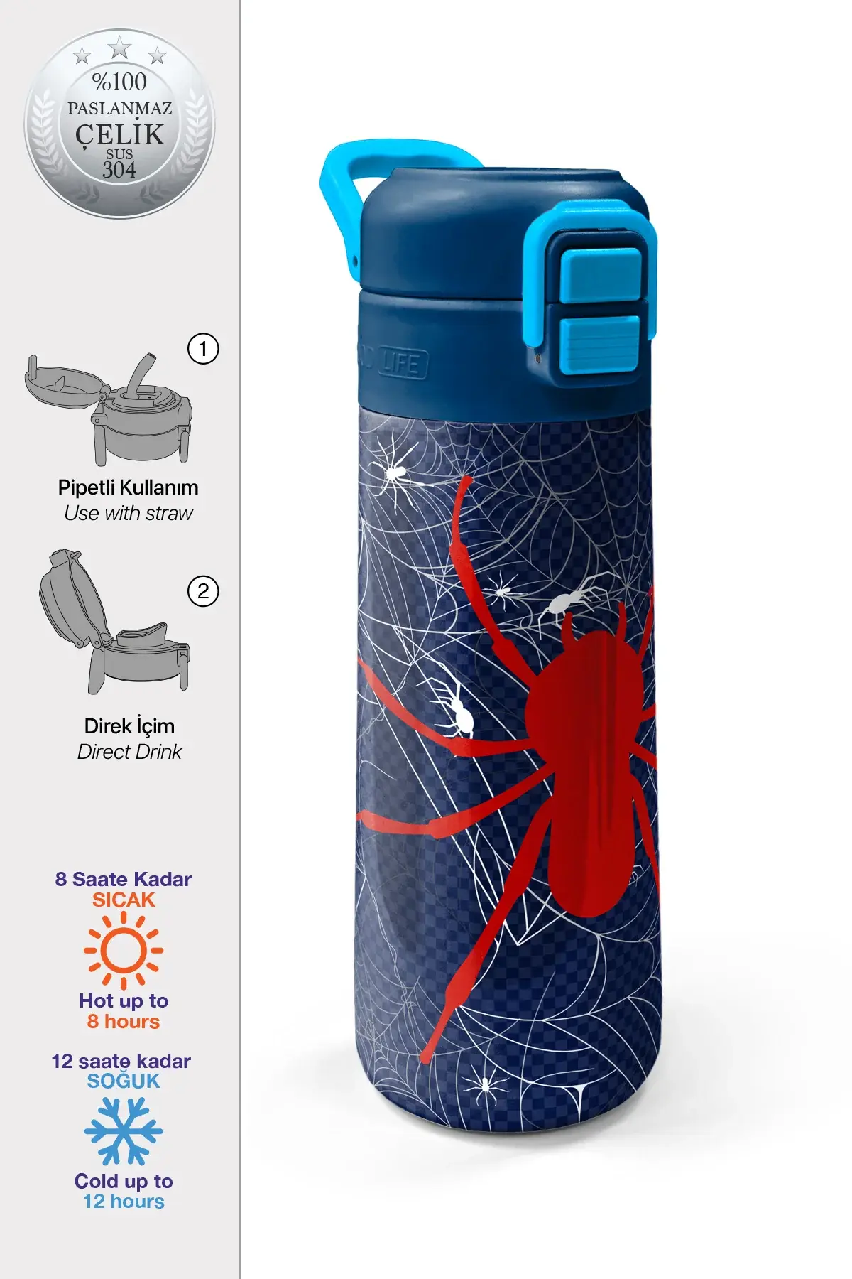 Coral High Kids Lacivert Kırmızı Örümcek Desenli Pipetli ve Direkt İçim Çelik Termos 500 ml 31931 Adet
