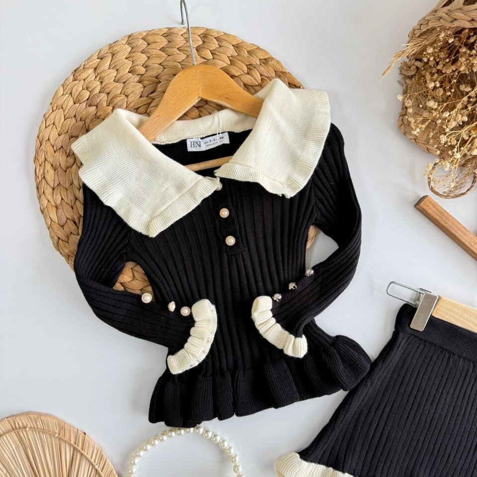 Siyah Triko Etekli Takım (Çanta Hediyeli) 4-5 YAŞ