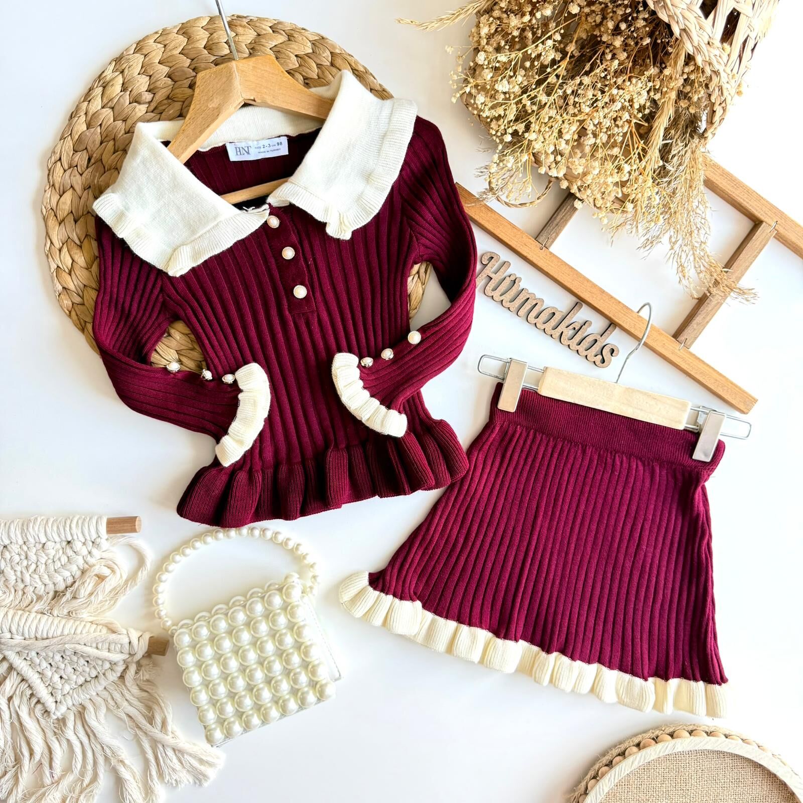 Bordo Triko Etekli Takım (Çanta Hediyeli) 2-3 YAŞ