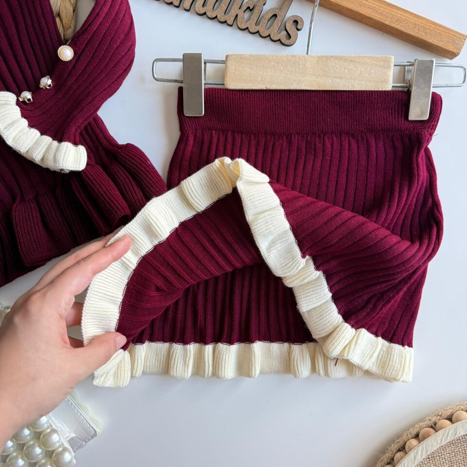 Bordo Triko Etekli Takım (Çanta Hediyeli) 2-3 YAŞ