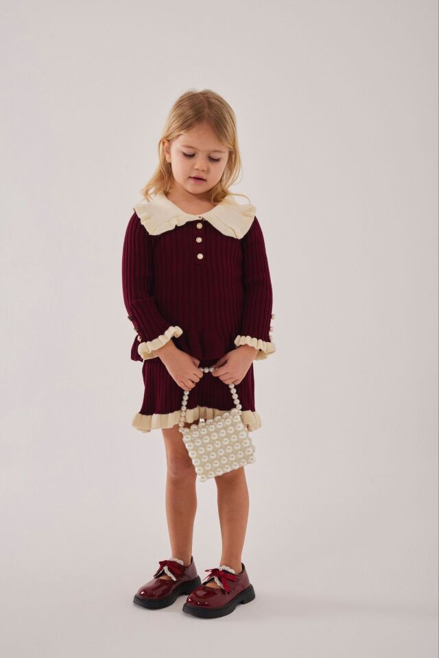 Bordo Triko Etekli Takım (Çanta Hediyeli) 2-3 YAŞ