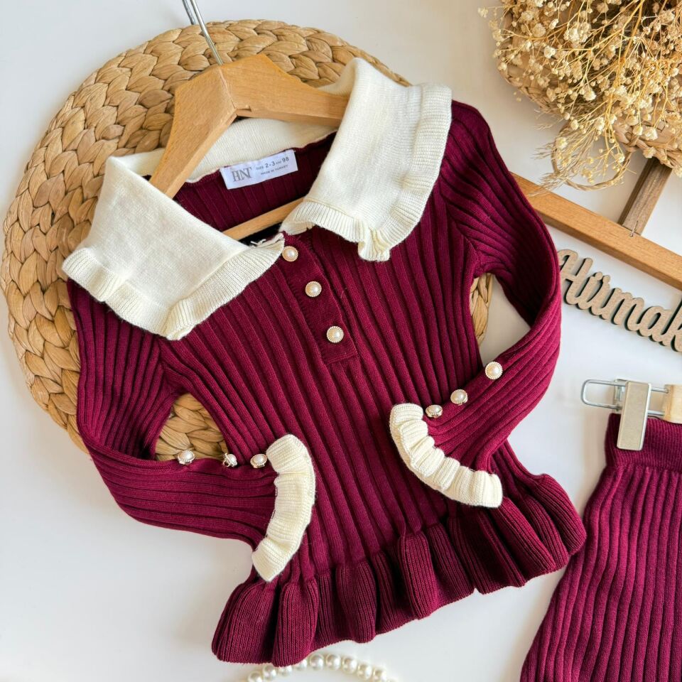 Bordo Triko Etekli Takım (Çanta Hediyeli) 2-3 YAŞ